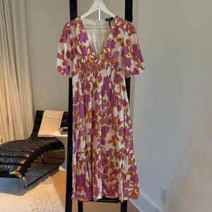 ME+EM Purple and Cream Floral V-Neck Midi Dress